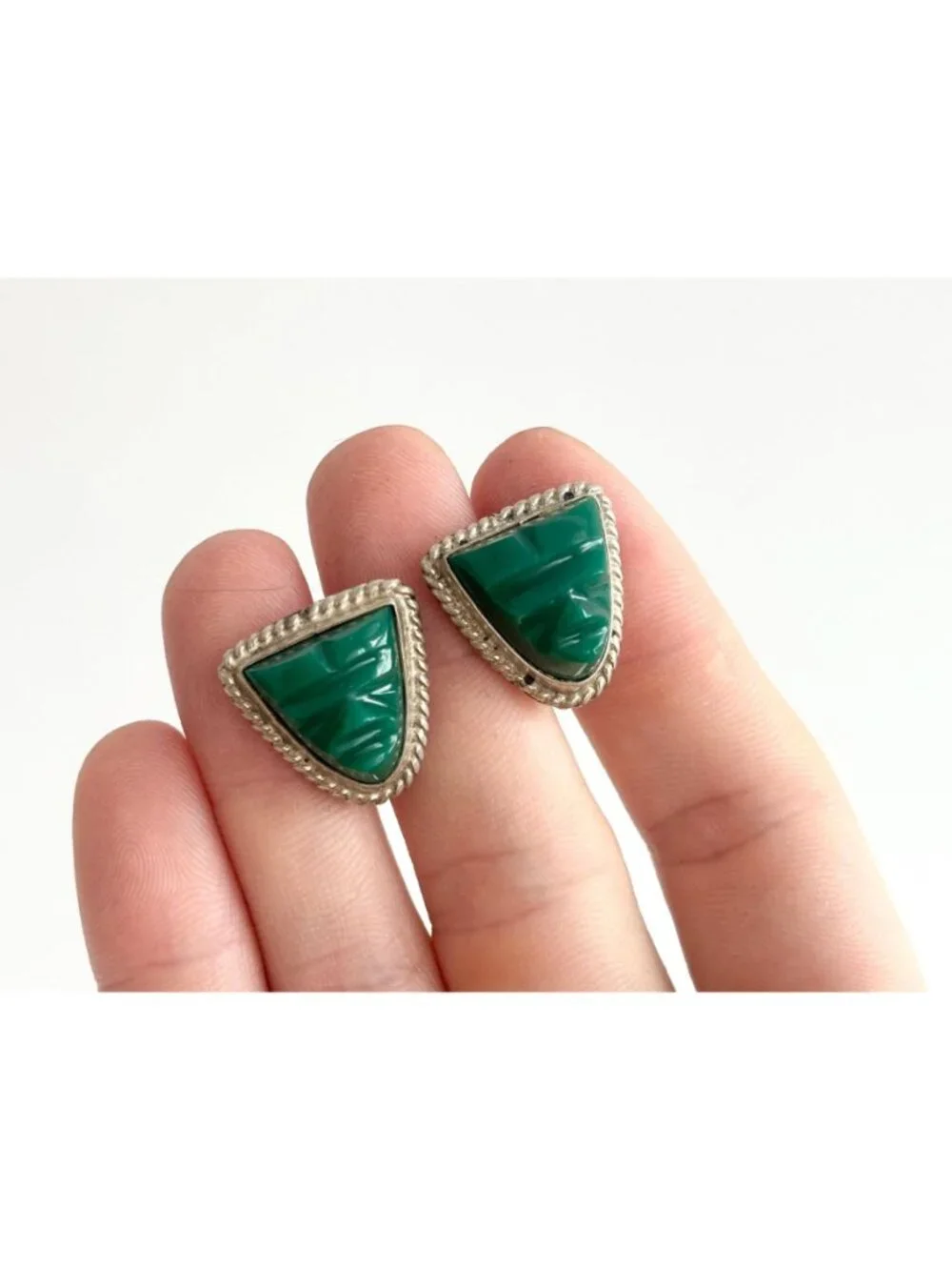 Green Onyx Gemstone Mask Taxco, Mexico Sterling Silver 925 Men's Cufflinks